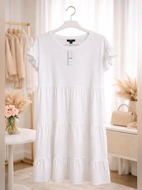 J.Crew White Tiered Dress Ruffle Sleeve Cotton Babydoll Casual Summer Dress Med